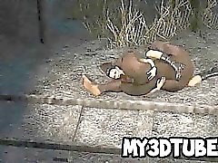 Sexy 3D brunette gets licked and fucked outdoors