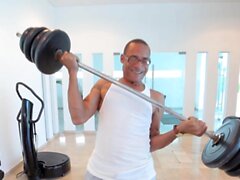 Busty Latin ts sucks off gym instructor before anal pounded