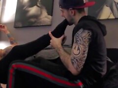 Sexy tatted dude with nice feet gets worshiped and cums